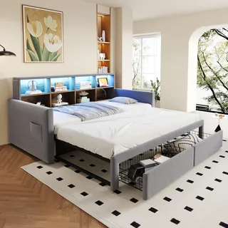 Flieks Schlafsofa Polsterbett 90x190cm mit Ausziehbett, Tagesbett Daybed mit 2 Schubladen und Led, Jugendbett mit Ladefunktion, Hellgrau - Hellgrau