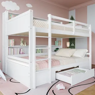 Flieks Etagenbett 90x200cm mit Regalen und Schublade, Hochbett mit Leiter, Kinderbett mit Rausfallschutz und Lattenrost, Stockbett 2 Kinder, Grau - Weiß