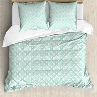 ABAKUHAUS Teal und Weiß Bettbezugs Set Für Doppelbetten, Vintage Blumen, Milbensicher Allergiker geeignet mit Kissenbezügen, Mintgrün Weiß