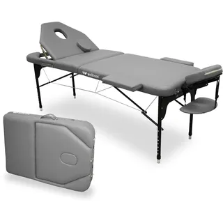 Quirumed WELLCORE Faltbare Aluminium-Bahre, mit aufklappbarer Rückenlehne, 185 x 65 cm, Kunstleder, höhenverstellbar, Gelenkkopf, Gesichtsloch, Silber, Transporttasche, bis 225 kg