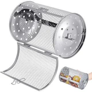 UKCOCO Drehspieß Backkorb für Airfryer Hitzebeständig Rostfrei mit Beweglicher Tür zum Grillen und Backen von Nüssen und Trockenfrüchten Passend für Heißluftfritteusen