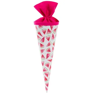 Goldbuch 93 426 Geschwistertüte Melone, Schultüte mit Melonenmuster, Lackkarton, Geschenkverpackung mit pinkem Filzverschluss (ohne Verschlussband), Zuckertüte rund, Länge 35 cm, Ø 11,5 cm, Weiß