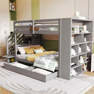 Flieks Etagenbett 90x200cm mit Regal, Hochbett mit 2 Schubladen, Kinderbett mit Rausfallschutz und Lattenrost, Stockbett Einzelbett Holzbett, Grau - Grau