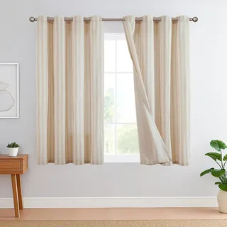 TOPICK Leinen Gestreifte Vorhänge Braun Streifen Gardinen mit Ösen Ticking Streifen Muster Leinenoptik Vorhänge Lichtfilterung für Wohnzimmer Nadelstreifen Gardine Blickdicht 2 Stück H145xB130cm