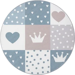 Paco Home Kinderteppich »Eliz 391« rund 12 mm Höhe Kurzflor, Spielteppich, Patchwork-Muster, Motiv Krone, Herz & Punkte, beige