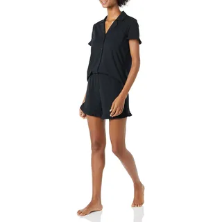 Amazon Essentials Damen Schlafanzug-Set aus Baumwoll-Modal mit Paspelierung und Kerbkragen, Bequeme Loungewear (Erhältlich in Übergröße), Schwarz, S