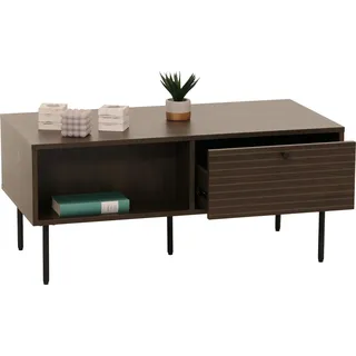 Couchtisch HWC-N78, Wohnzimmertisch Sofatisch, skandinavischer Stil Metall Holz Melamin MVG 45x100x50cm dunkelbraun - Braun