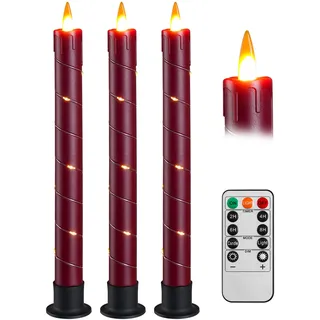 Da by Flackernde, flammenlose, batteriebetriebene Spitzkerzen, Fensterkerzen mit Fernbedienung und Zeit-LED, 3D-dynamische Flamme, 24 cm, für Hochzeit, Party, Heimdekoration, Rot, 3 Stück