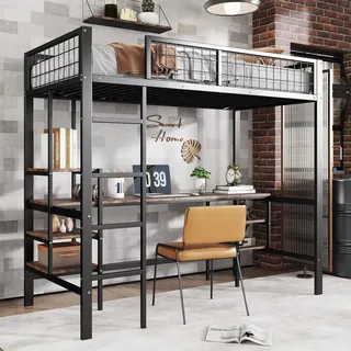 Ball & Cast Hochbett (90x200cm) Kinderbett mit Treppe, Einzelbett mit Tisch und Regal, Eisen + Spanplatte, Eisenbett für Kinder und Jugendliche, Schwarz