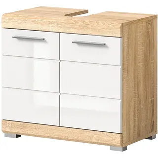 inn.furn Waschbeckenunterschrank "Mambo" in weiß Hochglanz, und Sonoma Eiche, Badschrank 60 cm - Weiß, Naturbelassen