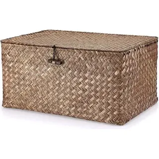 Aufbewahrungskorb aus Seegras mit Deckel – Aufbewahrungsbox für Schreibtisch und Badezimmer, Regale, dekorativer Korb – multifunktionaler Aufbewahrungskorb – Kaffeebraun, groß - Braun