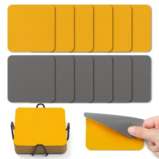 Myir JUN Untersetzer Gläser 12er Viereckige Glas Untersetzer Set 10cm Doppelseitige Untersetzer Teller Wasserfeste rutschfeste Untersetzer mit Untersetzerhaltern(Grau Gelb)