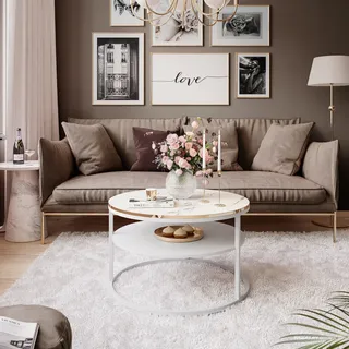 COREIL runder Couchtisch mit Ablage, Weiß / Carrara Marmor - Weiß