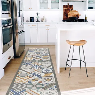 CREARREDA Cement Tiles Kitchen Rug, 240 x 50 cm, Non-Slip and Washable Vinyl, Kitchen Runner, 100% Washable, 100% Made in Italy Deluxe Line