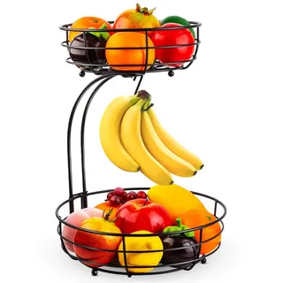 Auledio Obstkorb mit Bananenhalter, Metall 2 Stöckig Obstschale Obst Schüssel Brotkorb Gemüse Halter Aufbewahrung für Küche, Schwarz