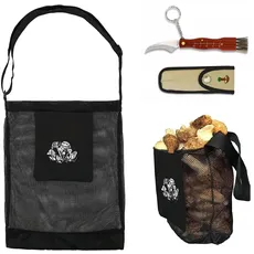 Pilz- und Fruchtsammeltasche mit Messer – Tasche mit Sporenfreisetzendem Netz, Größe 42 x 36 cm, Faltbar auf 21 x 17 cm – Messer mit Scheide, Gesamtlänge 16,90 cm, 5,80 cm Klingenlänge, Holzgriff