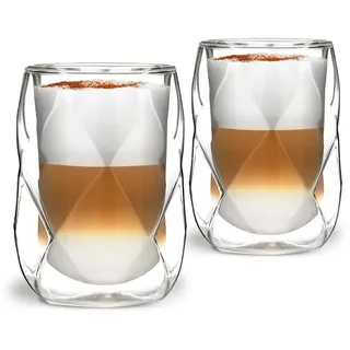Vialli Design Set 2 x Thermogläser Doppelwandig 350 ml, Gläser für Latte Macchiato, Cappuccino, Geo Kollektion, Latte Tassen, Kaffeetassen, Kaffeegläser, Hitzebeständiges Glas, Transparente
