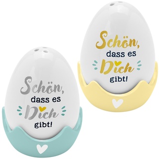 GRUSS & CO Eierbecher-Streuer-Set Motiv "Schön" | 4-teiliges Set, bestehend aus Salz- und Pfefferstreuer in Eierform und 2 passenden Eierbechern | Geschenk Ostern, Osternest, Osterdeko | 48583