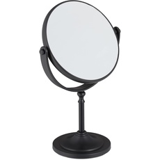 Relaxdays Kosmetikspiegel, 2-Fach Vergrößerung, Tischspiegel zweiseitig, 360° drehbar, rund, HBT 27,5x18x10,5cm, schwarz