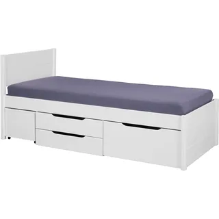 Inter Link -Bett mit Schubladen - Einzelbett 90x200 cm – Kojenbett mit Stauraum – Praktisches Jungendbett – Kiefer massivholz – Weiß lackiert – Inkl Lattenrost – Efetivo 90x200cm