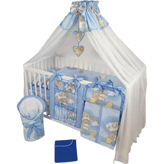 HAPPY 16 Teiliges Babybett Kinderbett und Bettwäsche komplett Set höhenverstellbar aus Massivholz für Neugeborene Babys und Kleinkinder (Blau-Teddybär auf Leiter) - Blau