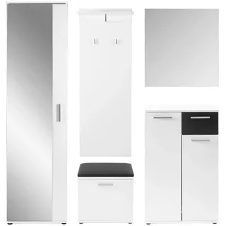 Mid.you Garderobe , Schwarz, Weiß , Kunststoff, Glas, Textil, Holzwerkstoff , 5-teilig , 1 Schubladen , 49x196x30 cm , FSC Mix , Typenauswahl, Beimöbel erhältlich, stehend, in verschiedenen Holzdekoren erhältlich , Garderobe, Garderoben-Sets & Garderoben-Serien, Garderoben-Sets