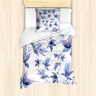 ABAKUHAUS Indigo Mantele, Watercolored Baum-Blätter, Milbensicher Allergiker geeignet mit Kissenbezügen, 135 cm x 200 cm - 80 x 80 cm, Dunkelblau Violett - Dunkelblau, Violett