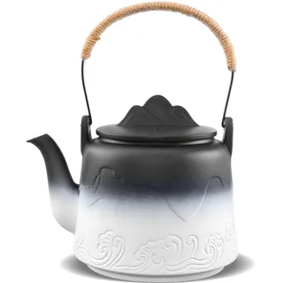 ZENS Design Japanische Teekanne, 1000ml Gradienten Geprägtem Japanische Teekanne mit Eingebautes Sieb und Hanfseilgriff für Grüner Losen Tee Stepper, Geschenk für Teeliebhaber, Schwarz & Weiß