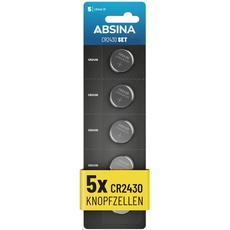 ABSINA® CR2430 Knopfzelle 5er Pack - CR 2430 3V Knopfzellen auslaufsicher & Lange Haltbarkeit - Knopfbatterie CR2430, Batterie 2430, Knopfzellen CR2430, Batterien CR2430, CR 2430 Knopfzelle