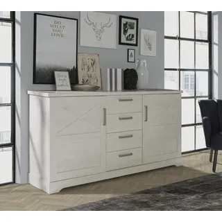 Forte ROCKHAMPTON Kommode 180 190, Kommode mit 2 Türen und 4 Schubladen, weißes Sideboard im Landhausstil, Holzwerkstoff, Pinie Weiß Holzdekor, 182,9 cm breit x 91 cm hoch x 42 cm tief