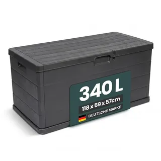 Kreher XL Kissenbox Gartenbox Holz-Optik Anthrazit abwaschbar (340 L) | Geräumige Auflagenbox aus robustem, wetterfestem Kunststoff, einfacher Aufbau, ideal für Kissen, Auflagen und Gartenzubehör