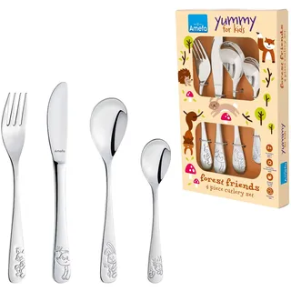 Amefa Forest Friends Kinderbesteck, 4-teilig - Tiermotiv | Kindermesser, Kindergabel, Kinderlöffel, Kleinkindbesteck ab 3 Jahre, Kinder Besteck Set - Geschenkbox