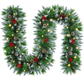 SHAVINGFUN Weihnachtsgirlande,2.7M/9Ft Weihnachtsgirlande Vorbeleuchteter Künstlicher weihnachtsgirlande mit 30 LED für Treppen Kamin Haustür weihnachtsdeko Girlande batteriebetrieben