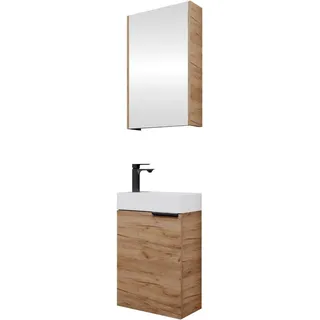 Waschtischunterschrank mit Spiegelschrank Badmöbel Set 40cm für Badezimmer Gäste WC Gold Eiche
