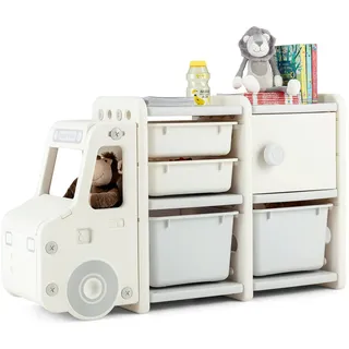 FANTASK Spielzeugregal, 2 Ebenen Kinderregal mit Schrank und Aufbewahrungsboxen, Bücherregal für Kinder, Kinderzimmer Regal für Spielzeug Aufbewahrung, 110 x 32 x 66 cm (Auto, Beige)