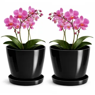 PECZEKO Blumentopf glänzender, Pflanzkübel aus Übertopf Kunststoff Dekorativer Topf für, groß und klein Pflanzen, 2er-Set blumenkübel mit Untersetzer, blumenkübel kräutertopf, Schwarz, ø 23 cm