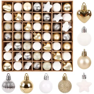 62 STK Weihnachtskugeln Klein & Sterne & Herz Set - 3cm Kunststoff Christbaumkugeln Weiß Gold Mini Weihnachtsbaumkugeln Bruchsicher mit Geschenkpaket,Christbaumschmuck mit Aufhänger,Deko Weihnachten