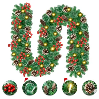 Weihnachtsgirlande mit Beleuchtung - 2,7 M/9FT Girlande Weihnachten Dekoration mit 30 LED, Tannengirlande Künstlich Weihnachtskranz für Kamin, Treppe, Tür, Fenster, Innen, Außen