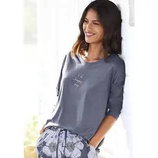 Pyjamaoberteil VIVANCE DREAMS, Damen, Gr. 32/34, blau (dunkelblau), Single Jersey, Obermaterial: 50% Baumwolle, 50% Viskose, bedruckt, unifarben, Basic, loose fit hüftlang, Rundhals, Shirts Pyjamaoberteil, mit Sommer-Statementdruck