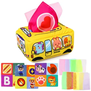 Babyspielzeug 0-6 Monate Sensorik Montessori Spielzeug Baby Tissue Box Spielzeug mit 3-quadratische Handtücher 8 Farbige Gazen Kontrast Spielzeug Baby Geschenk 3 6 9 12 Monate Geschenke Zur Geburt