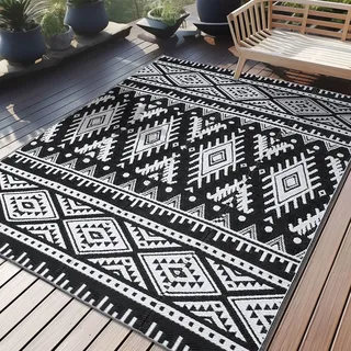 Homaxy Outdoor Teppich Wetterfest, Kunststoff Stroh Faltbar Waschbar UV-beständig Wendbar Balkon Garten Teppich für Terrasse Camping Picknick (150 x 240 cm, Schwarz & Weiß)