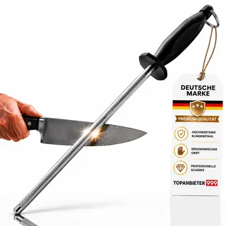 Wetzstahl Profi Messerschärfer 39 cm, XXL Schärffläche 26 cm, Messerschleifer rostfrei, Profi-Schärfer Kochmesser, Küchenmesser Schärfstab, Griff mit Fingerschutz, Schleifstab, Messer Schärfer mit Öse