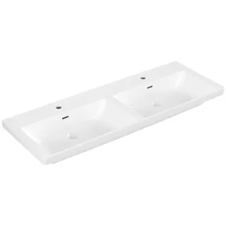 Villeroy & Boch Subway 3.0 Schrank-Doppelwaschtisch, 2 Hahnlöcher, mit Überlauf, ungeschliffen, 1300x475mm, 4A71D501, Farbe: weiß-alpin