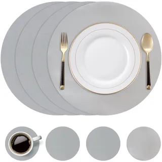 Tischsets Leder und Untersetzer, 4er Set Platzsets Rund 38 cm Grau Silber, PU Leder Platzdeckchen rutschfest und Abwaschbar, Wasserdicht Doppelseitig Tischunterlage Esstisch Bankett Party