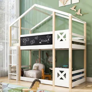 MODFU Etagenbett Kinderbett Holzbett mit Lattenrost ,Baumhaus 90 x 200 cm mit Leiter, Hochbett mit Rausfallschutz, Massivholz Hausbett,ohne Matratze,Natur & Weiß - Weiß