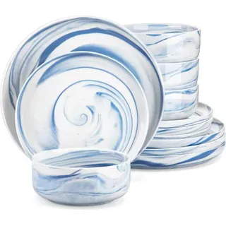 Noble Bordenset – 4 Personen – 12-teilig – Blau Marmor Keramik – Dinerborden – Breakfast Plates - Blau