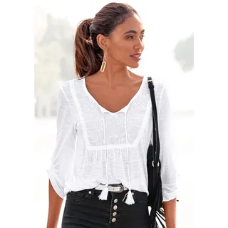 Strandshirt BUFFALO, Damen, Gr. 32/34, weiß, Jersey, Obermaterial: 100% Viskose. Einsatz: 100% Baumwolle, leicht durchscheinend, unifarben, figurumspielend hüftlang, Rundhals, mit Riegel, Shirts Strandshirt, mit Stickerei und Quasten, Tunika, 3/4-Arm, Blusenshirt, Topseller