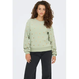 Sweatshirt ONLY "ONLATIKA L/S O-NECK GLITTER EMB. BOX SWT", Damen, Gr. L, gold (desert sage detail:anny hearts big (gold)), Sweatware, Obermaterial: 65% Polyester, 35% Baumwolle, bedruckt, Rundhals, Sweatshirts Sweatshirt