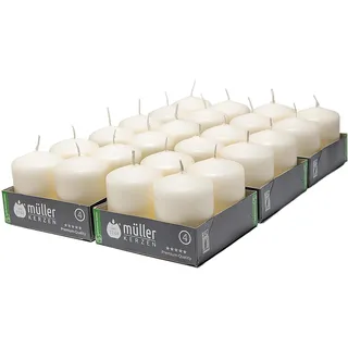 Müller Elfenbein-Stumpenkerze – Packung mit 24 kleinen Kerzen ohne Duft – 4,8 x 6,2 cm – 10 Stunden Brenndauer Kerzen zur Dekoration – kein tropfendes Wachs