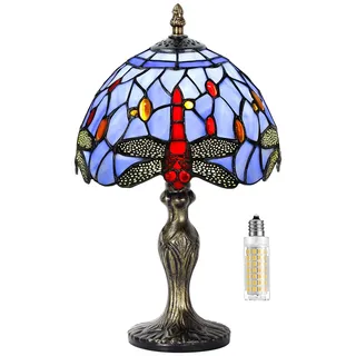 MIAOKE Stained Glass Lamp Style Tischlampe, VintageTischlampe Handcraft Glasmalerei Lampenschirm Tischlampen für Schlafzimmer Nachttischlampe Arbeitszimmer Office(Blaue Libelle)